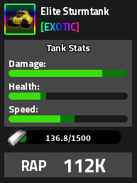 Elite Sturmtank Military Tycoon Exotic Tank Stats card RAP 112K